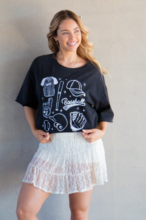 Baseball on Black Boxy Tee