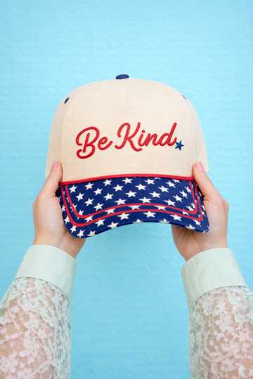 "Be Kind" on Tan Cap with Blue Stars Bill