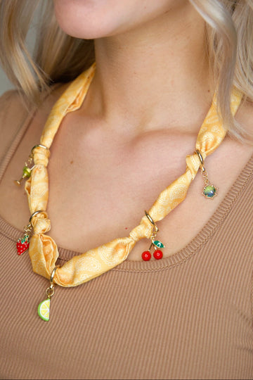 Yellow Scarf Necklace with Fruit Charms