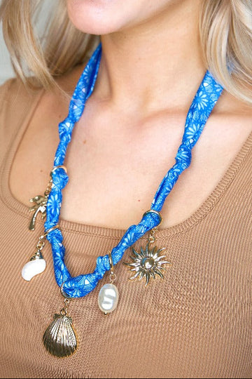 Blue Scarf Necklace with Beach Charms