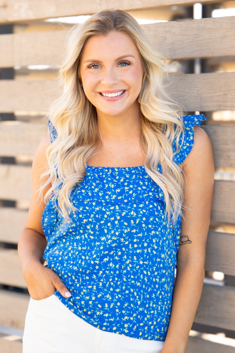 Tank Top with Flounce, Blue Floral