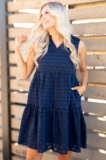 Sleeveless Tiered Dress, Navy Checkered