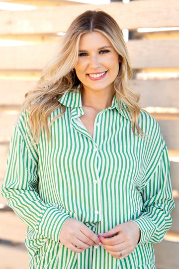 Kathryn Classic Button-Up, Green Stripe