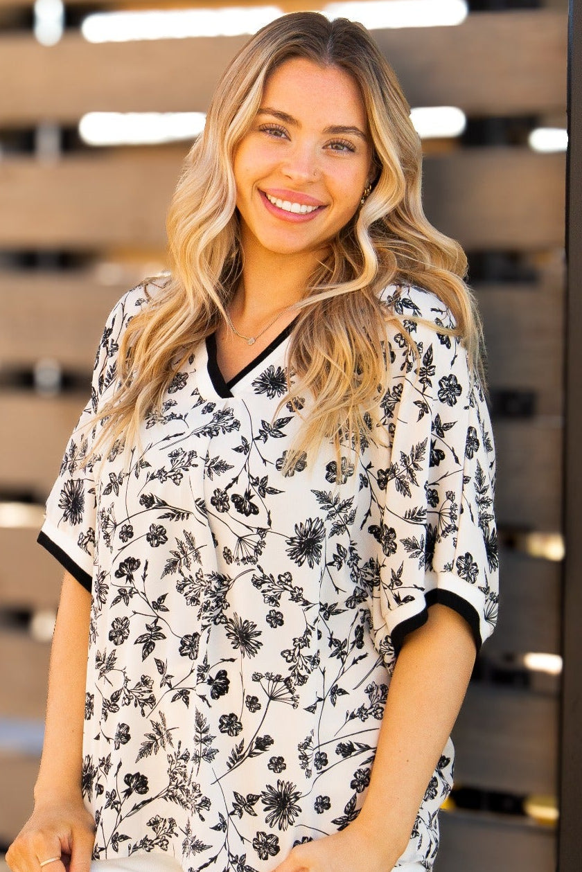 V-Neck Top with Ribbing Detail, Black & Ivory