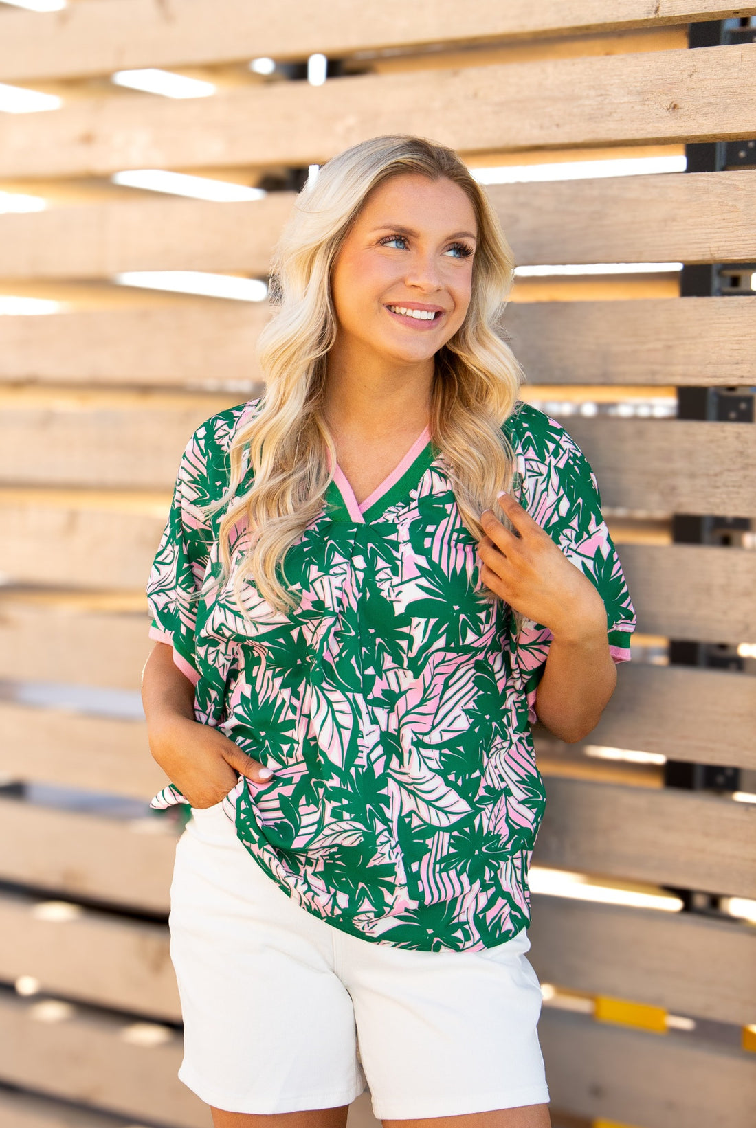 V-Neck Top with Ribbing Detail, Pink & Green