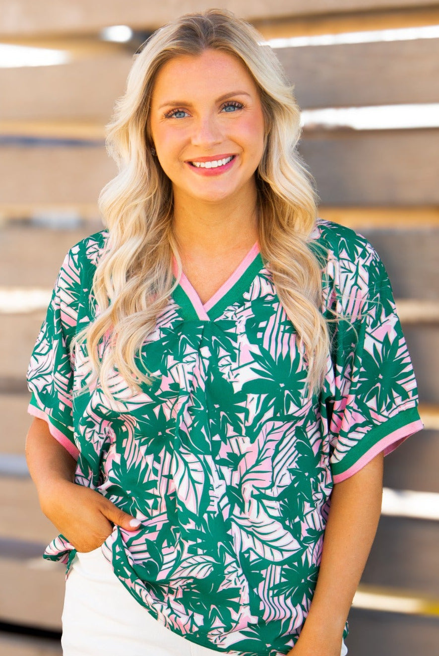 V-Neck Top with Ribbing Detail, Pink & Green