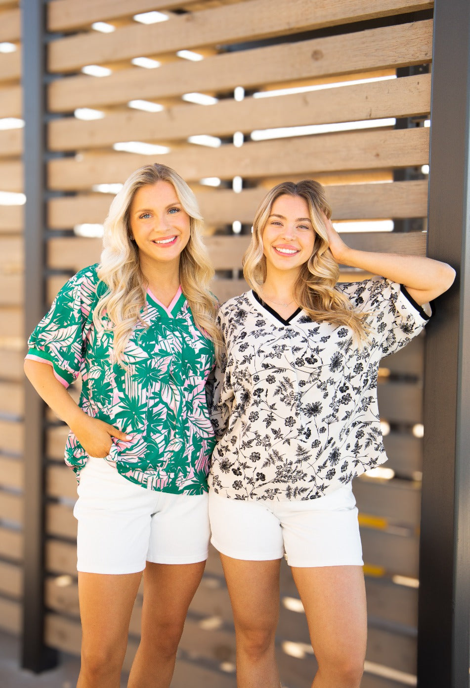 V-Neck Top with Ribbing Detail, Pink & Green