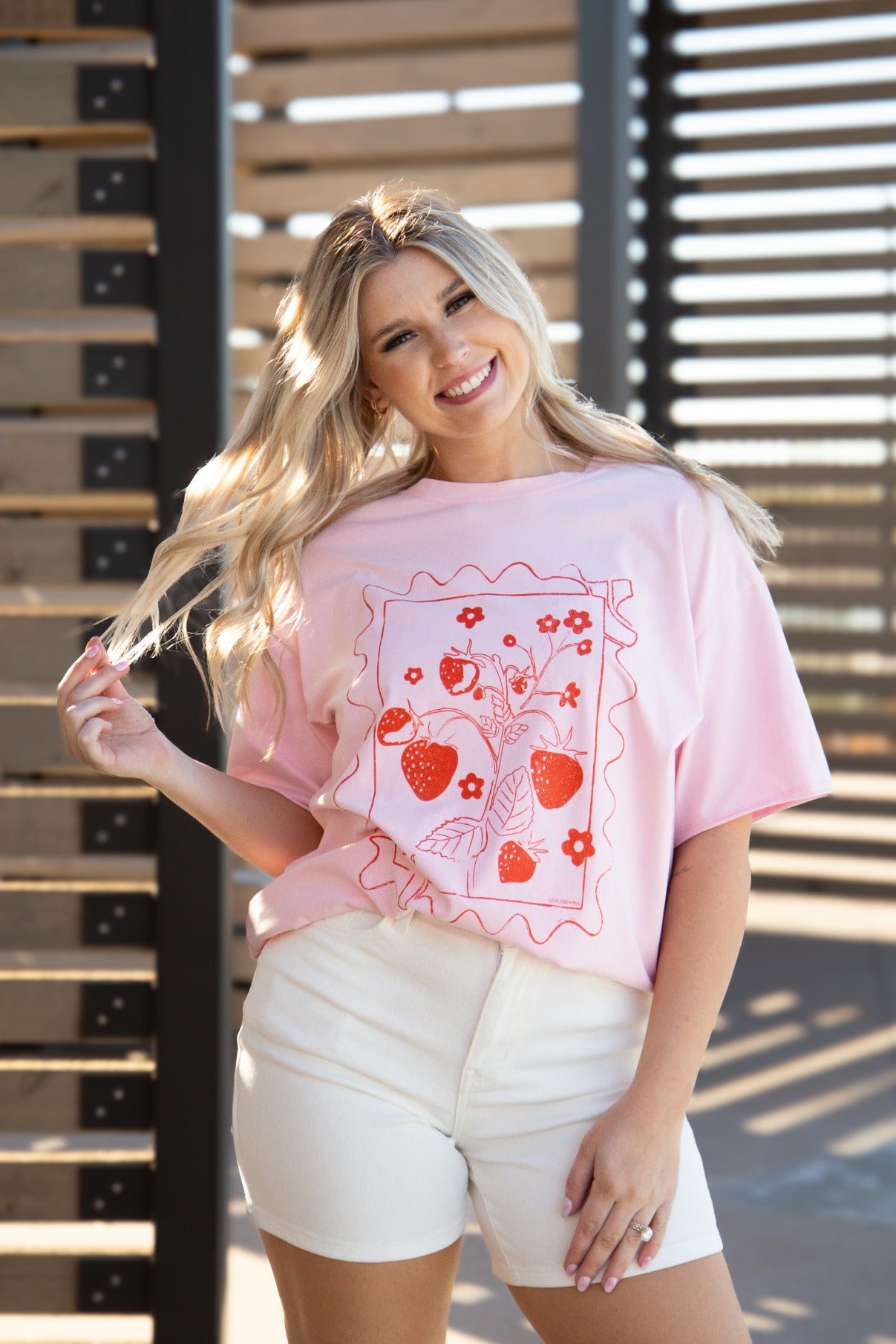 Strawberry Stamp On Pink Relaxed Fit Tee
