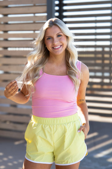 Bella Square Neck Rib Knit Tank Top, Light Pink