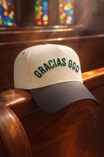 "Gracias God" on Tan Cap with Black Bill