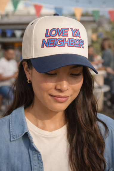 "Love Ya Neighbor" on Tan Cap with Navy Bill