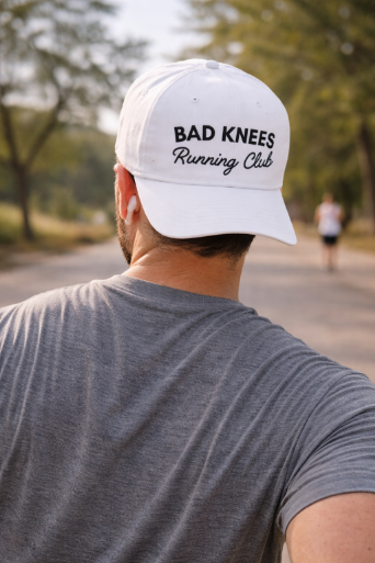 "Bad Knees Running Club" on White Cap