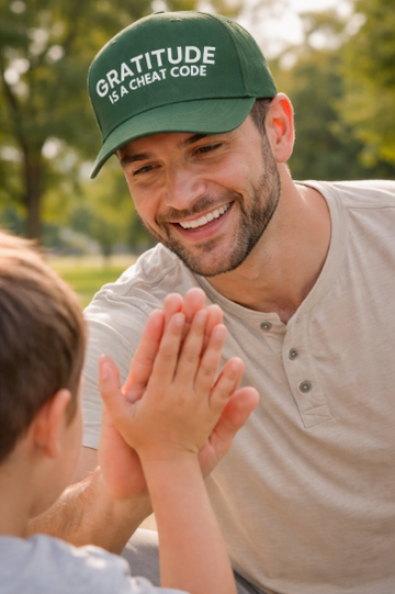 "Gratitude is a Cheat Code" on Green Cap