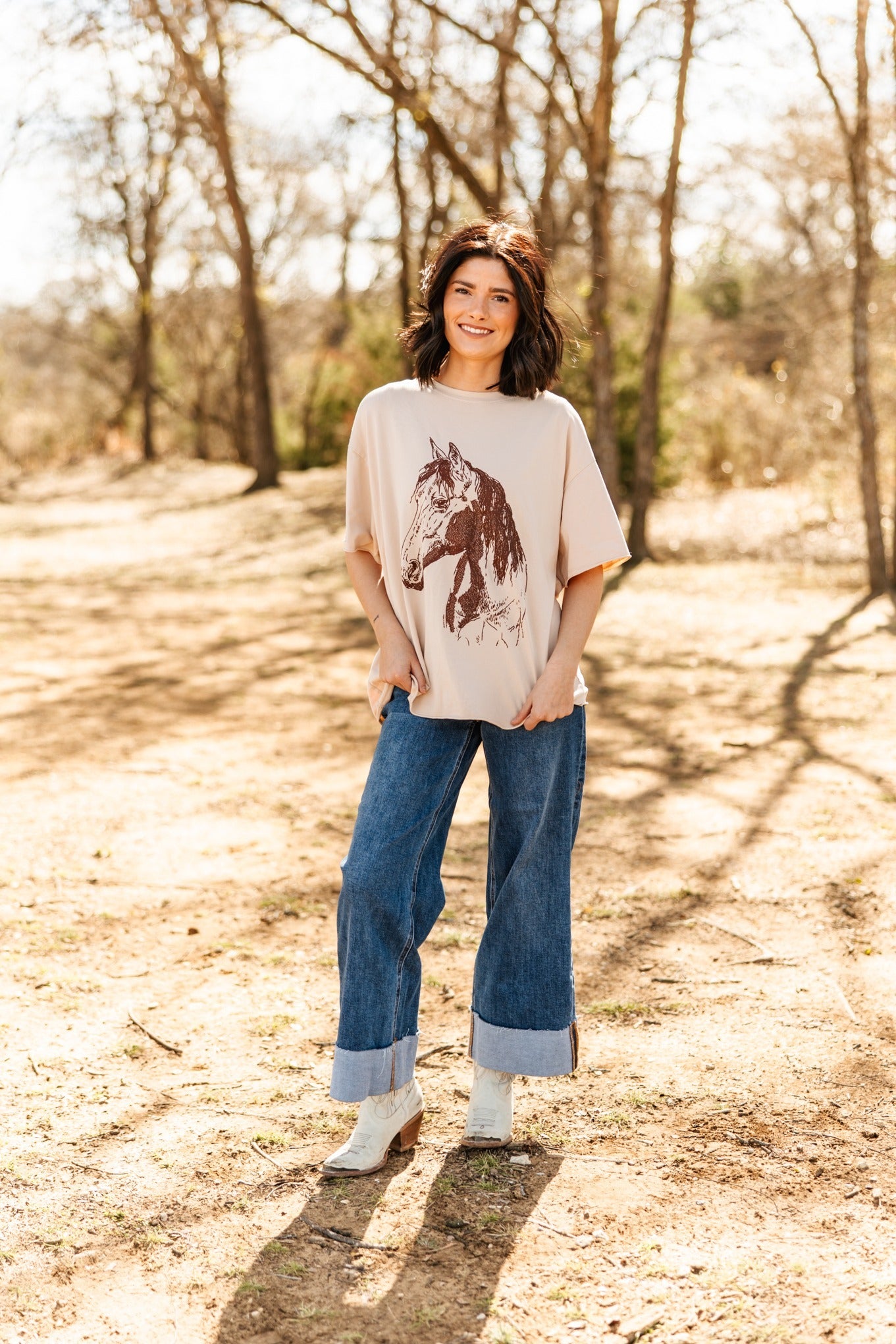 Brown Horse on Beige Boxy Tee