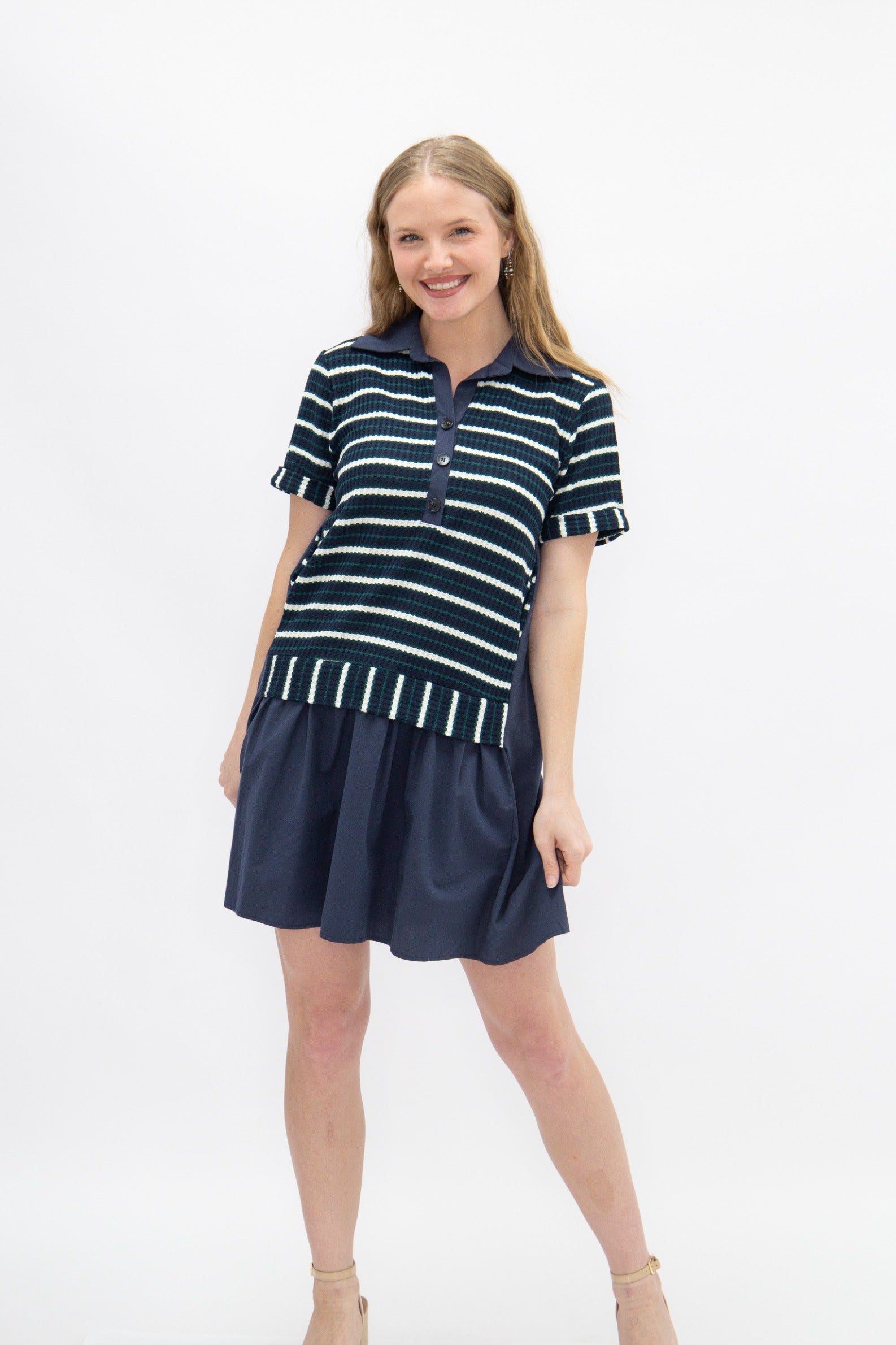 Striped Knit Top with Attached Skirt, Navy