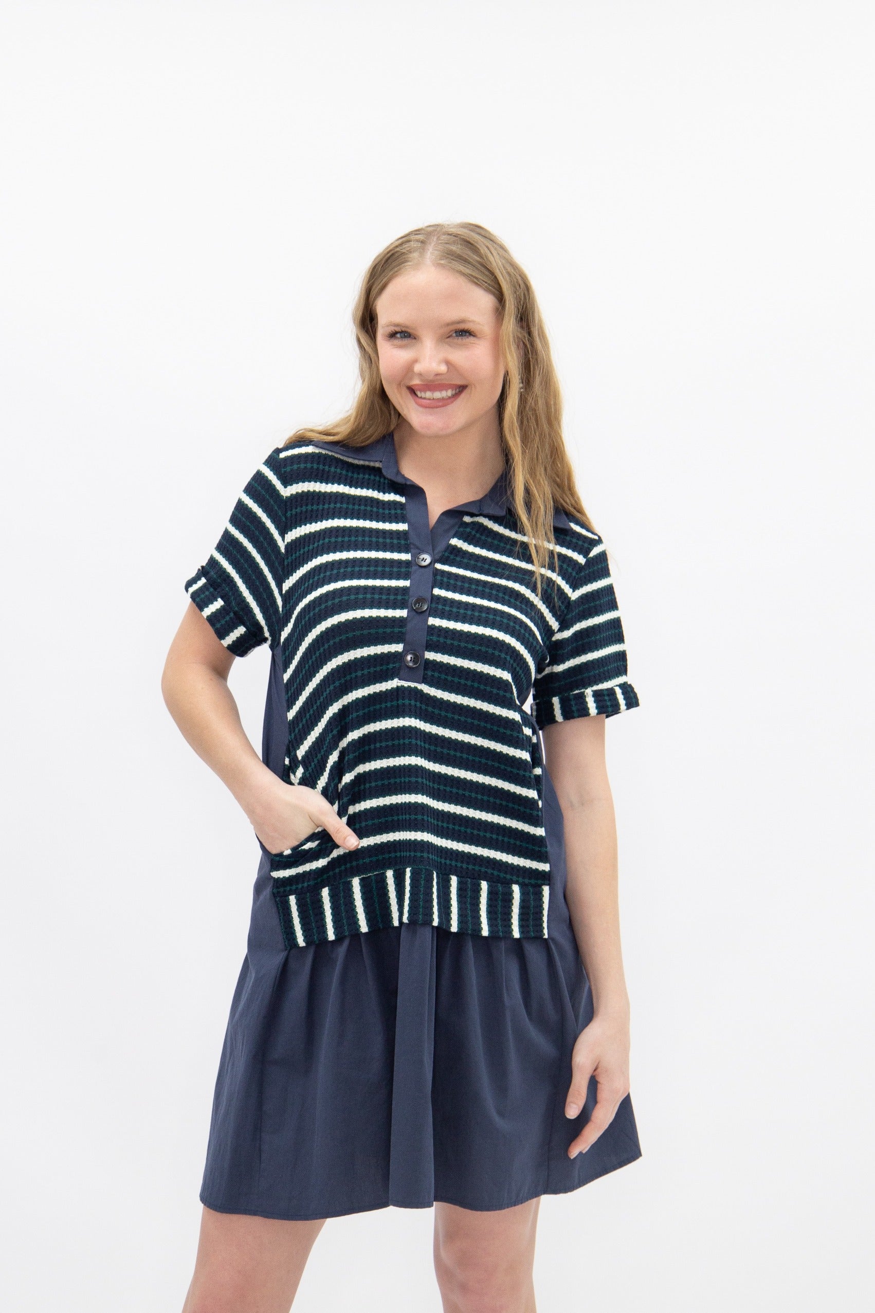 Striped Knit Top with Attached Skirt, Navy