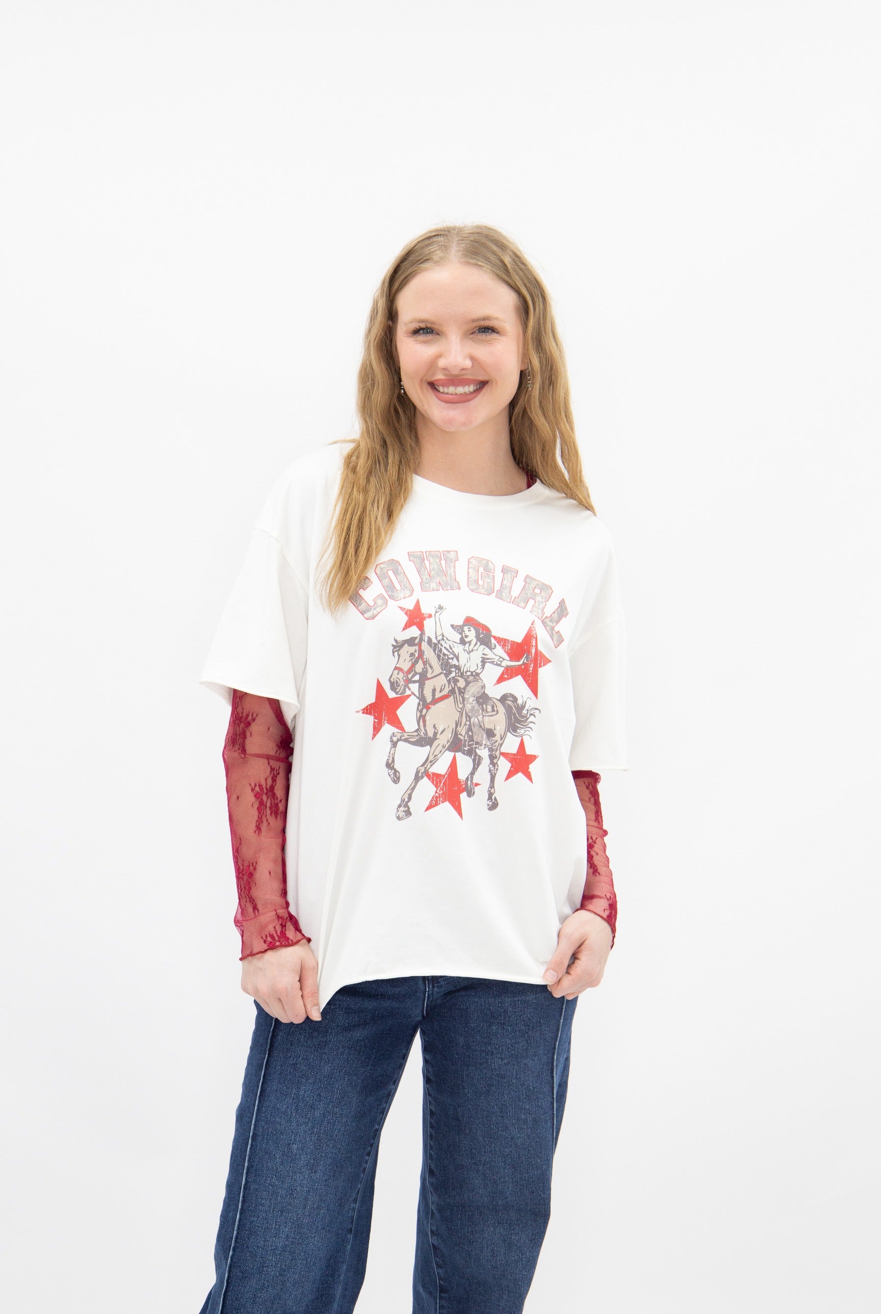 Cowgirl Stars on White Boxy Tee