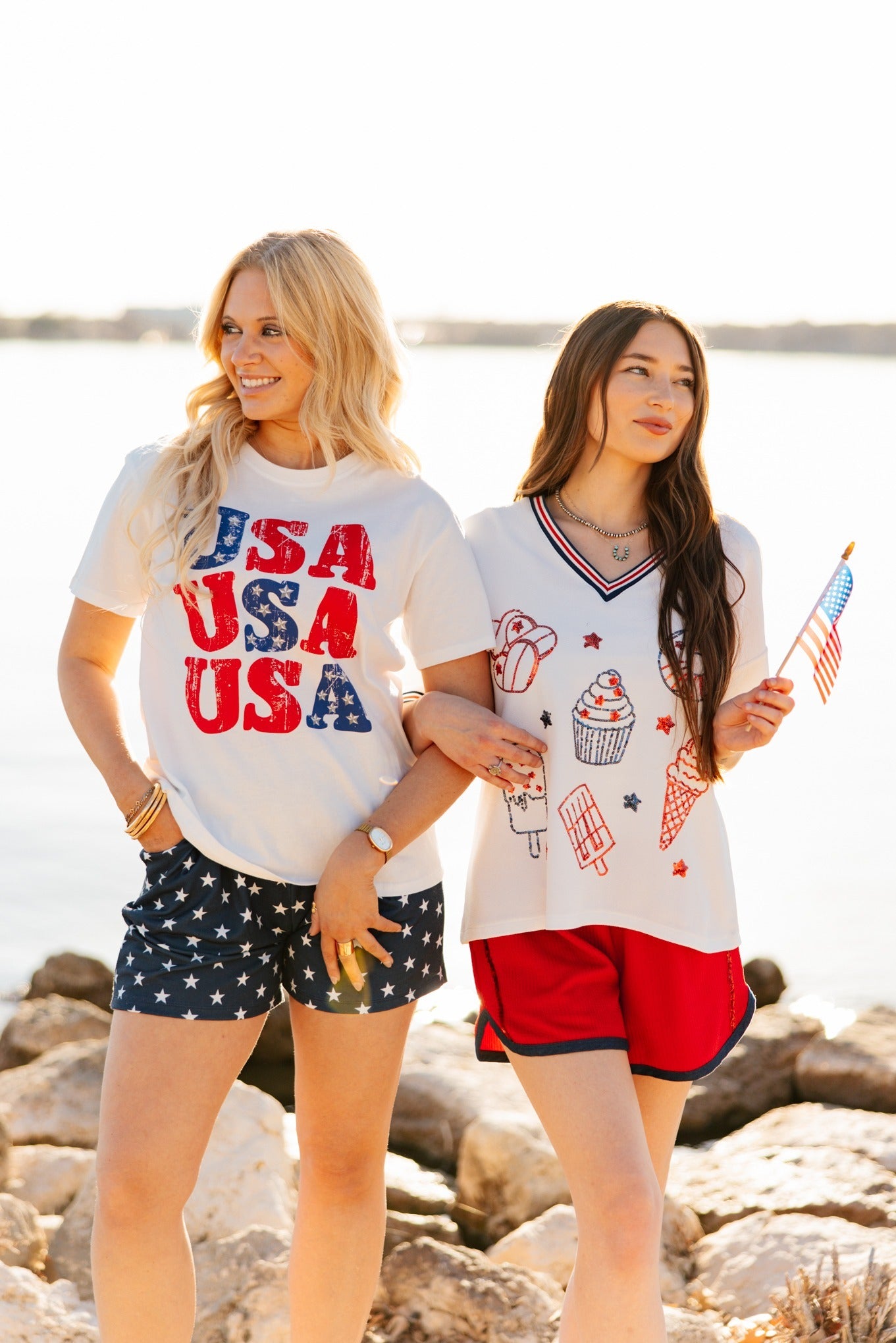 Sequin Americana Elements on V-Neck Top