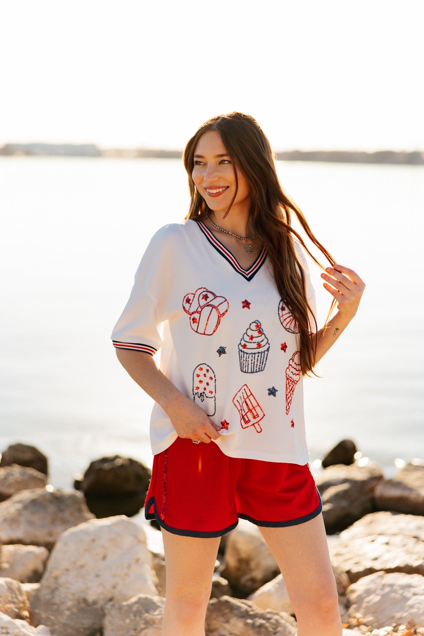 Sequin Americana Elements on V-Neck Top