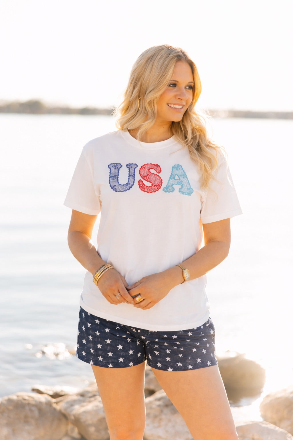 USA Lace Bows on White Blank Tee Shirt