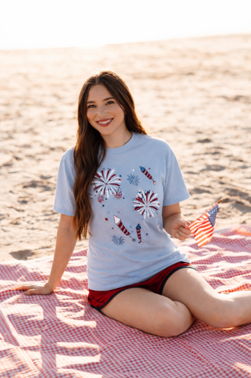 Fireworks on Blue Tee Shirt