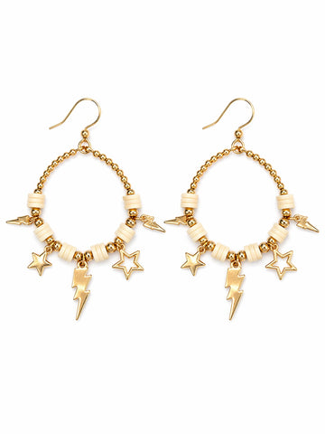 Shoot For The Stars Thunderbolt And Star Cream Beaded Hoop Earrings