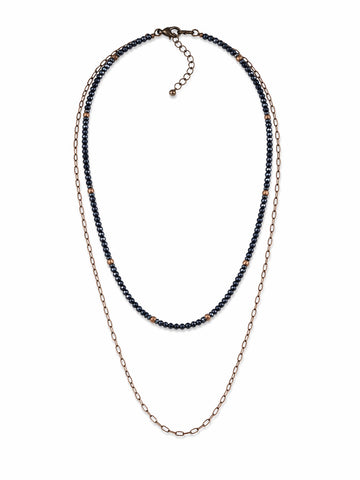 Glitz, Glam, Simple Strands Double Beaded Navy Blue Necklace with A Gold Chain
