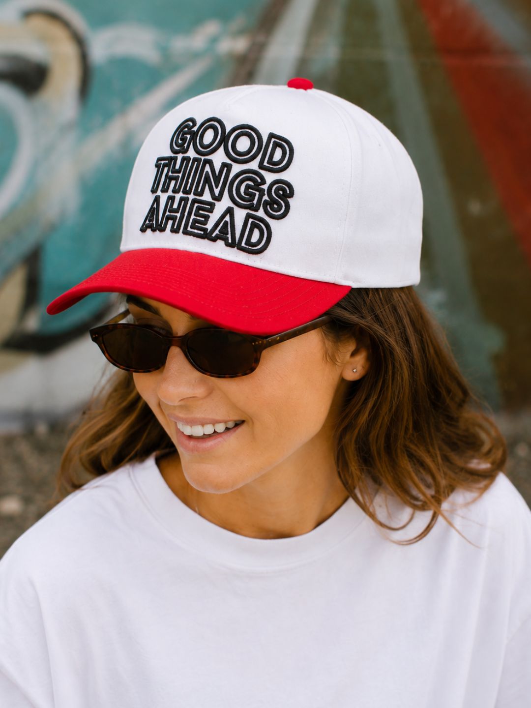 "Good Things Ahead" on White Cap with Red Bill