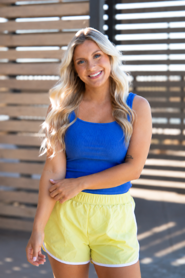Bella Square Neck Rib Knit Tank Top, Neon Blue