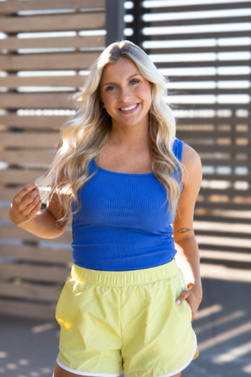 Bella Square Neck Rib Knit Tank Top, Neon Blue