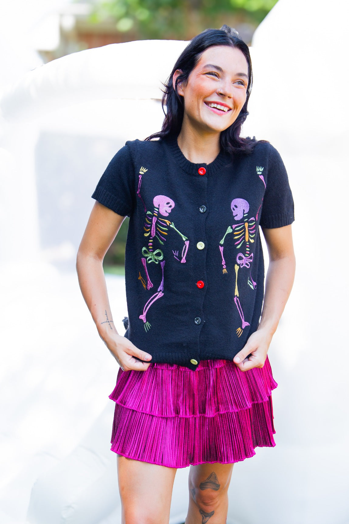 Dancing Skeletons Halloween Cardigan, Black
