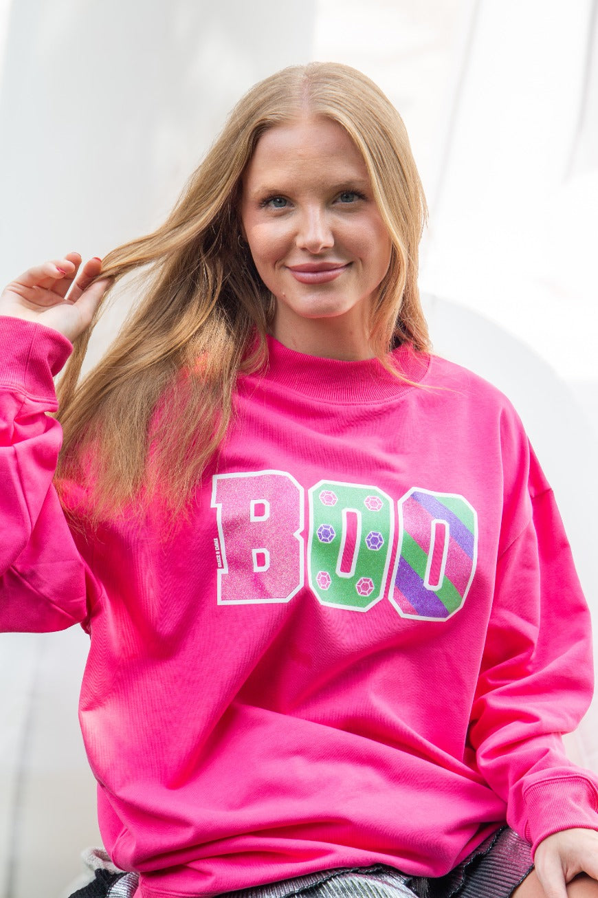 'BOO' Halloween Mock Neck, Hot Pink
