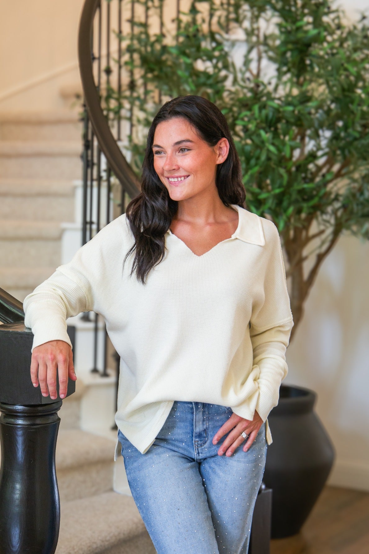 Waffle Knit Top, Ivory