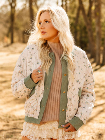 Floral Puff Jacket with Denim Lining