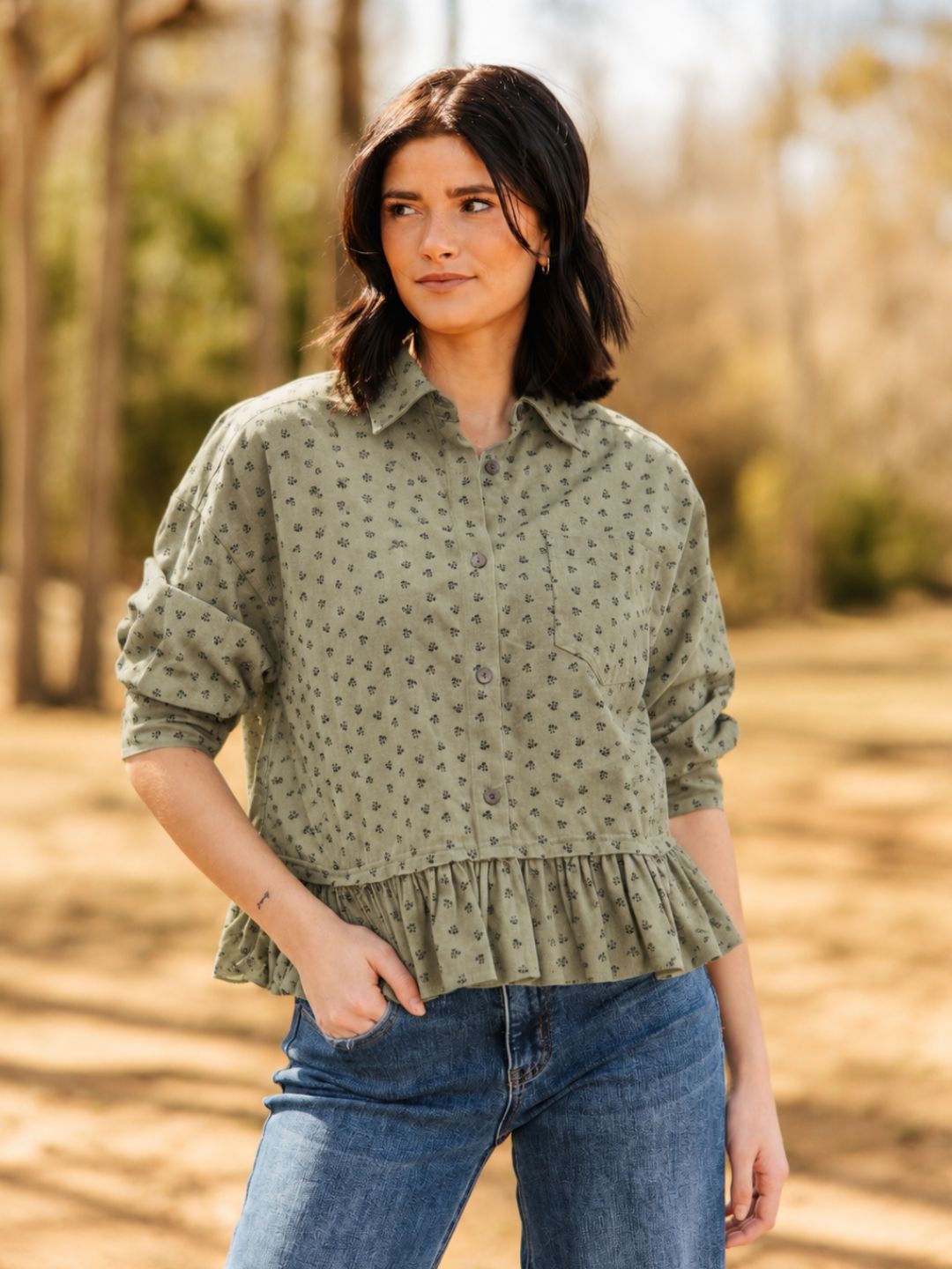 Green Floral Print Jacket with Ruffles