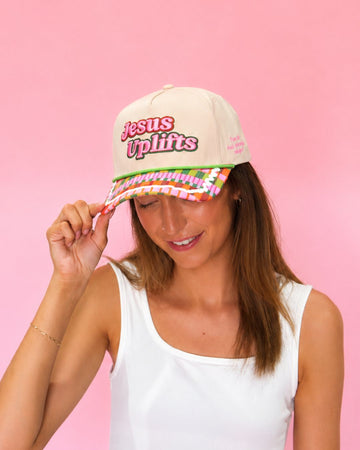 "Jesus Uplifts" on Tan Cap With Patch Work