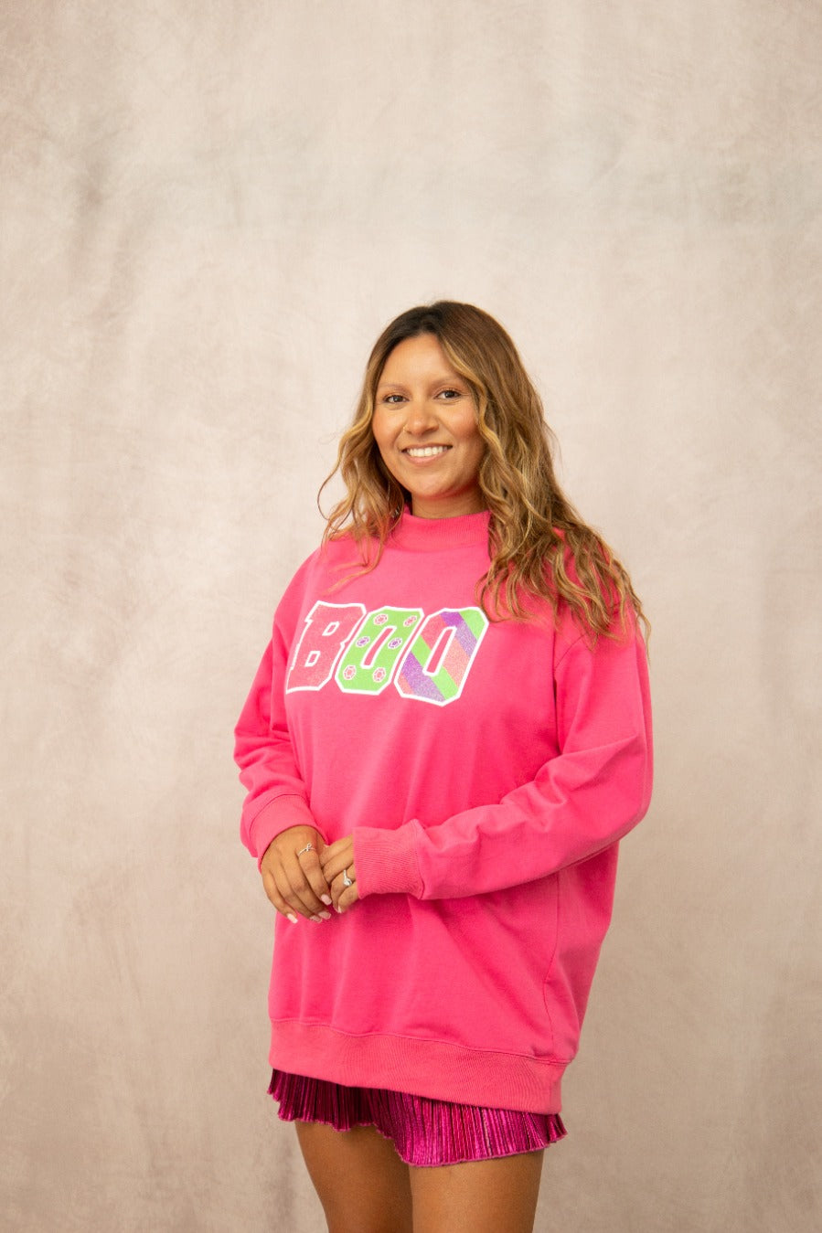 'BOO' Halloween Mock Neck, Hot Pink