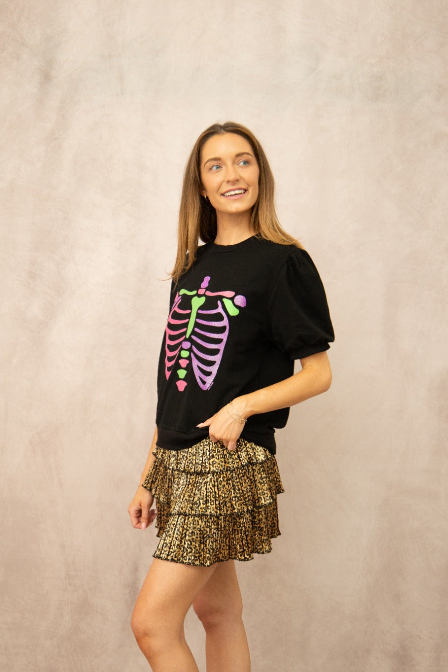 Ribcage Halloween Puff Sleeve Tee, Black