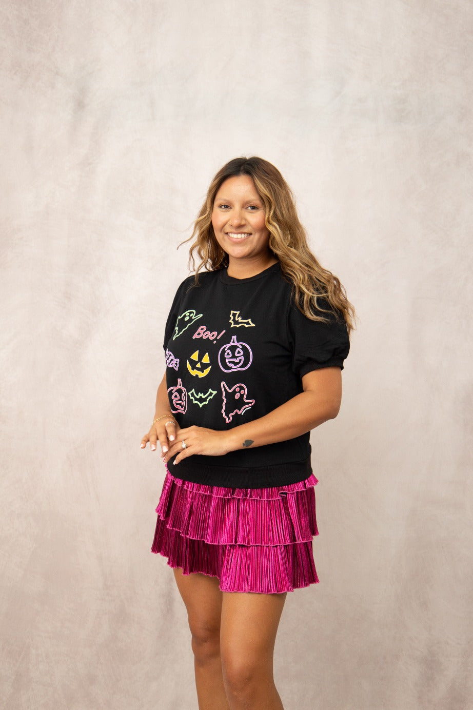 Neon Halloween Elements Puff Sleeve Tee, Black