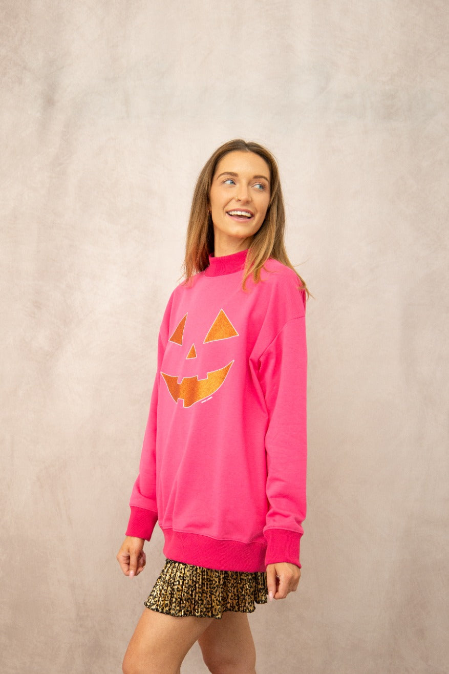 Jack-O'-Lantern Halloween Mock Neck, Hot Pink