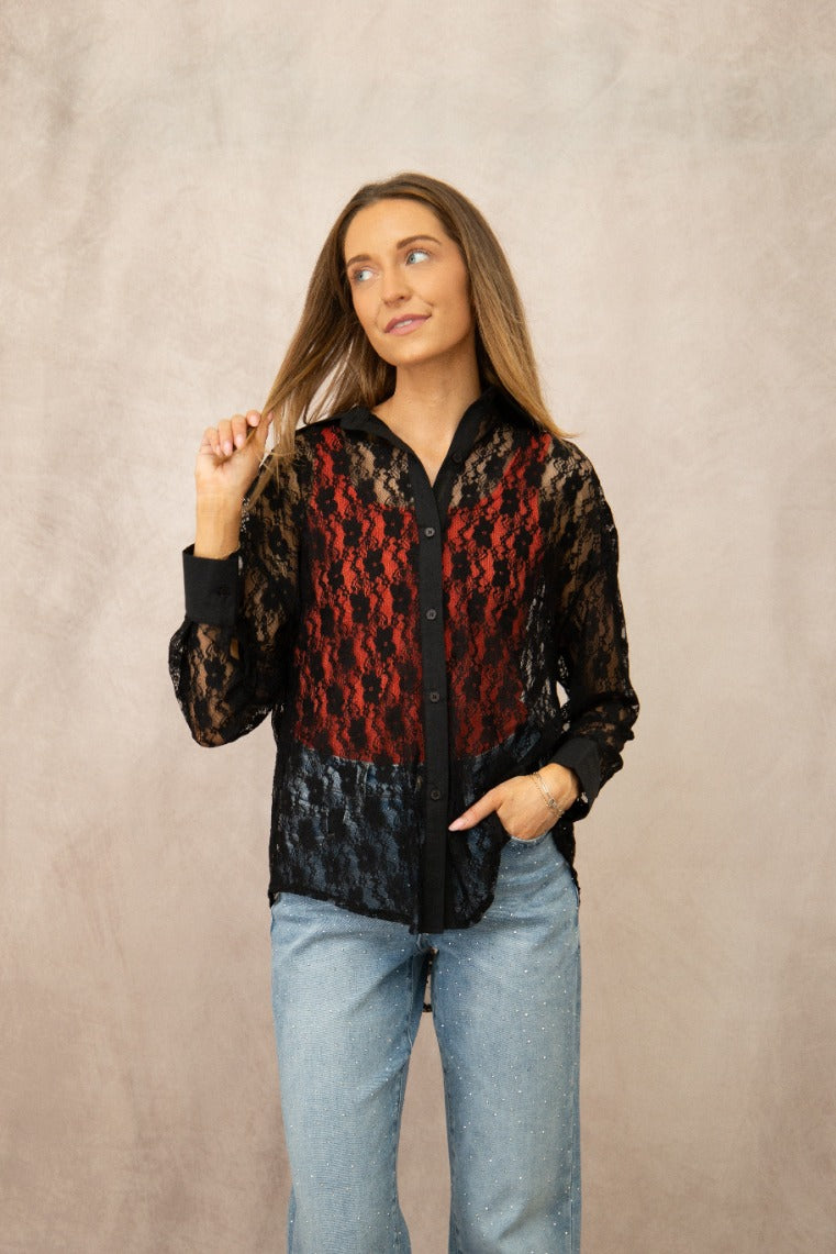 Kathryn Classic Button-Up, Black Lace