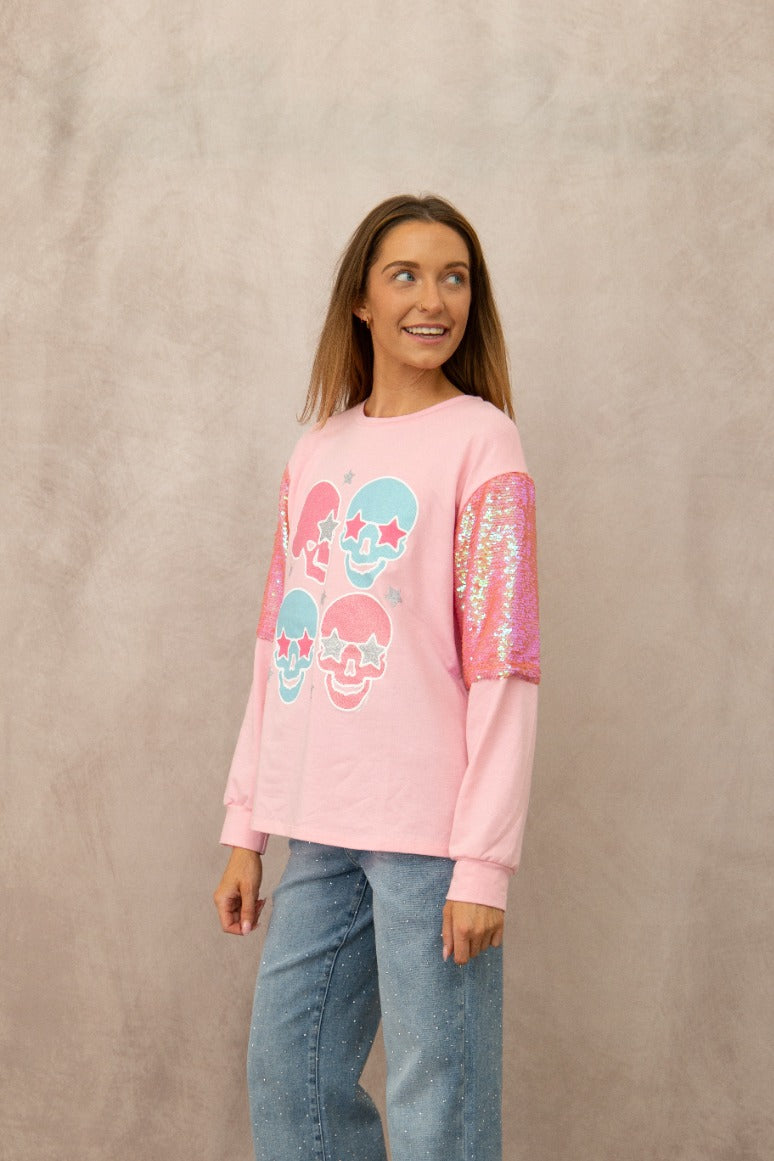 Candy Skull on Long-Sleeve Top, Pink