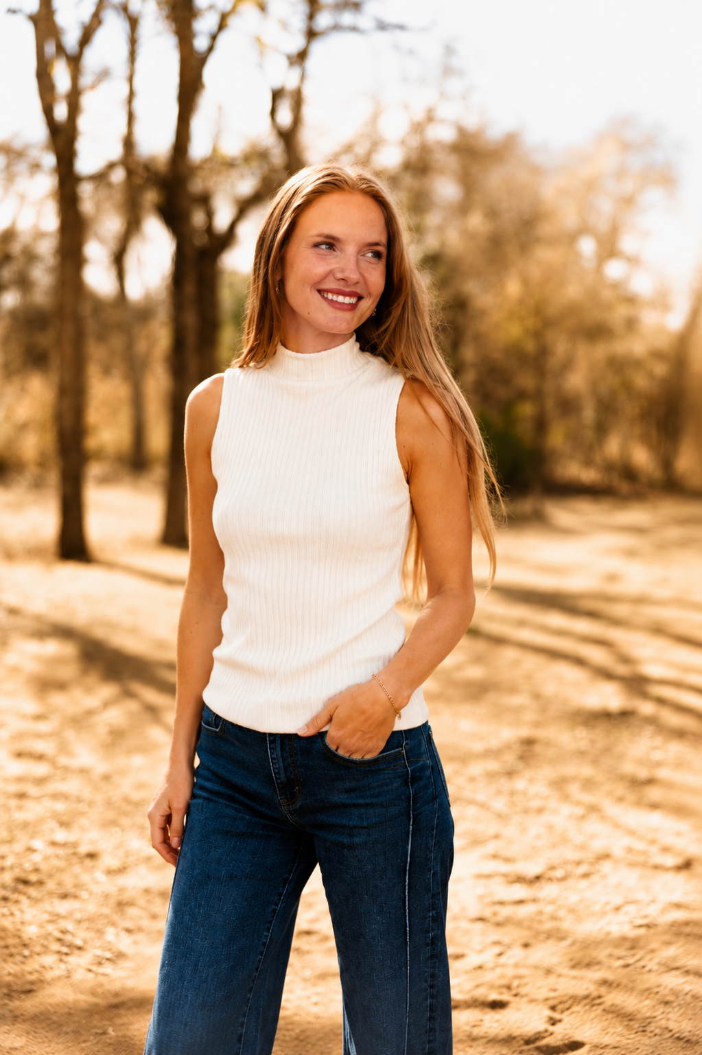 Sleeveless Ribbed Mock Neck Top, Ivory