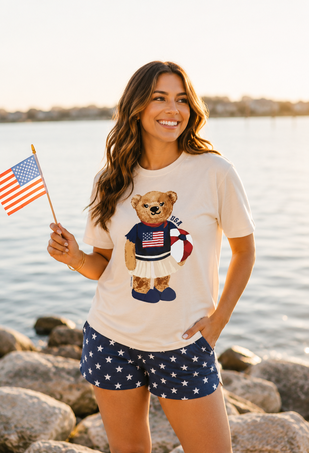 USA Teddy on Beige T-Shirt
