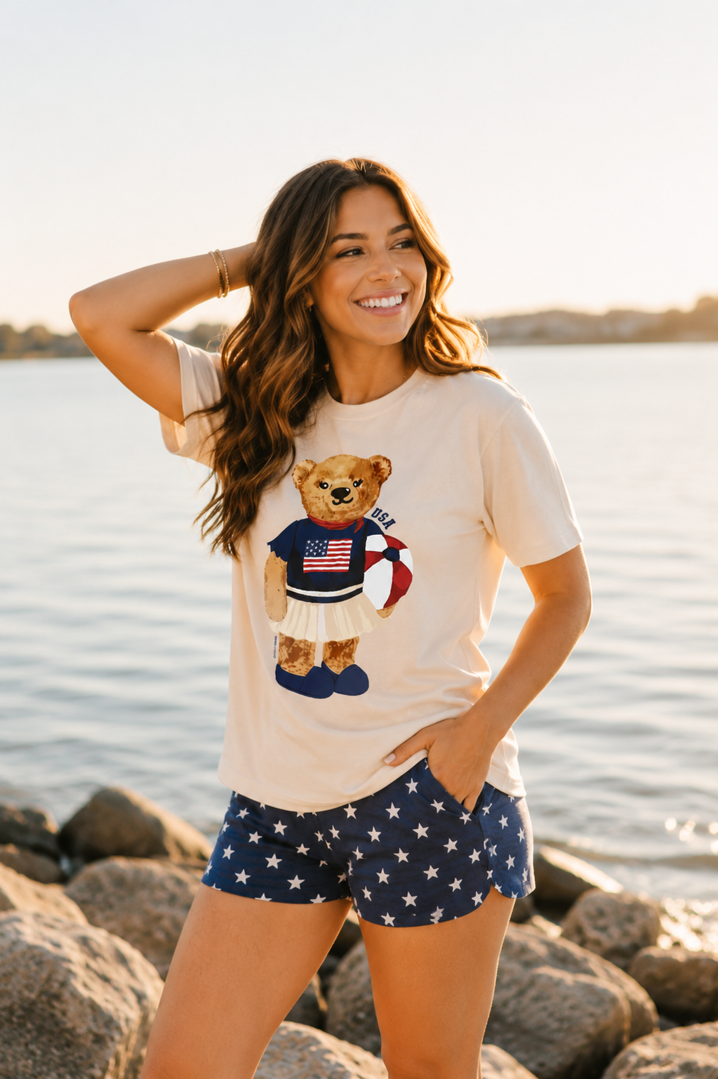 USA Teddy on Beige T-Shirt