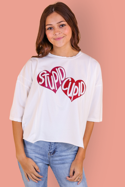 Stupid Cupid on Perfect Company Boxy Crop in White