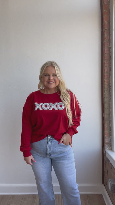 XOXO on Red Crazy Cozy Microfleece Crewneck