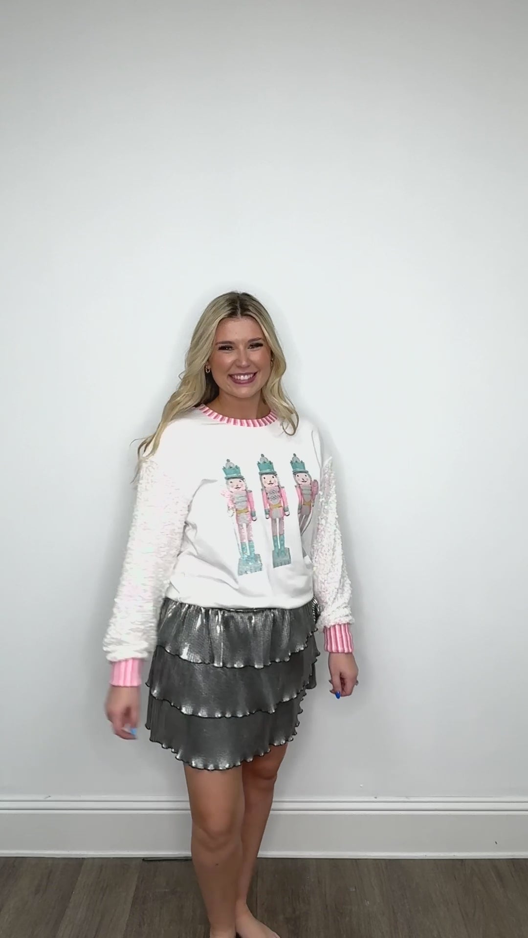 Glitter Nutcrackers on White Top with Sequin Sleeves