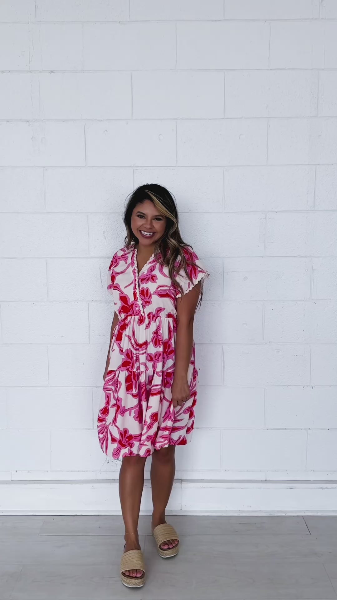 Pink Floral Dress Scallop Trim