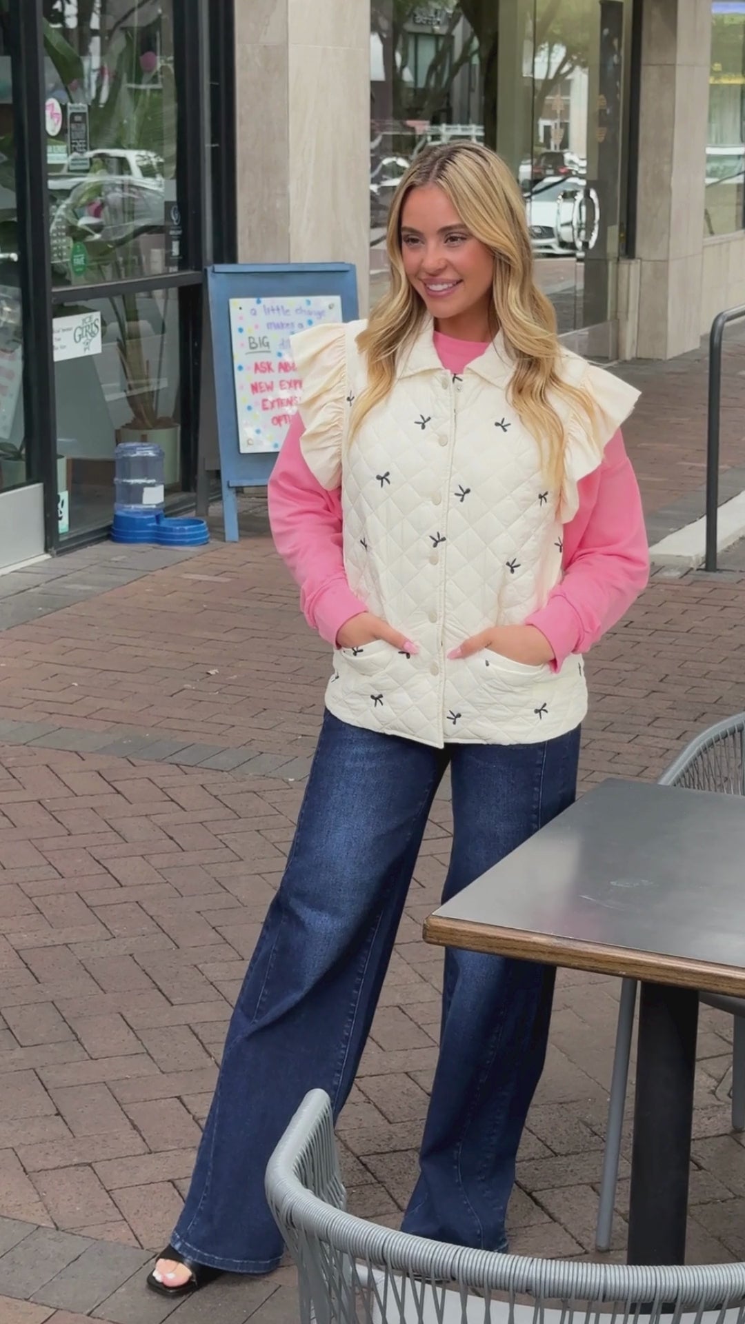 Quilted Puffer Vest with Bows, Ivory